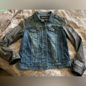 EXPRESS Jean jacket with silver and black sleeves Medium